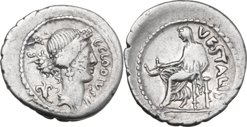 C. Clodius C.f. Vestalis. AR Denarius, 41 BC. Obv. C. CLODIVS-C.F. Wreathed head...