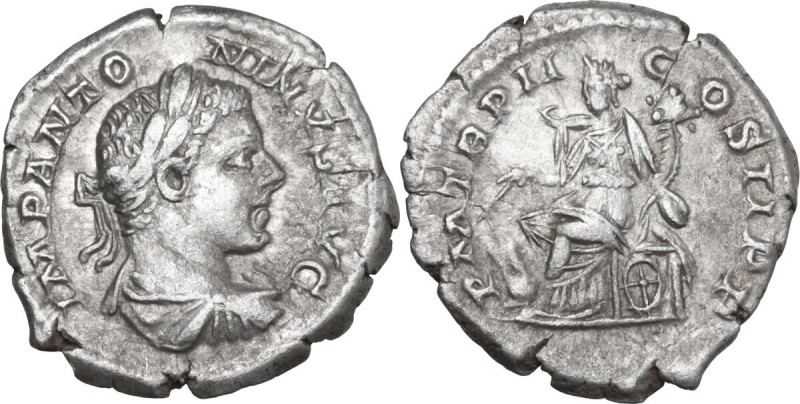 Elagabalus (218-222). AR Denarius, Rome mint. Obv. IMP ANTONINVS AVG. Radiate, d...