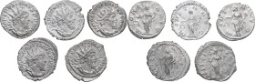 The Roman Empire. Multiple lot of five (5) unclassified BI Antoninianii of Postumus.