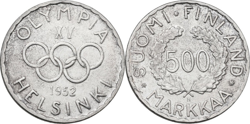 Finland. 500 markkaa 1952 for the Olympic games. KM 35. AR. 12.00 g. 31.50 mm. A...