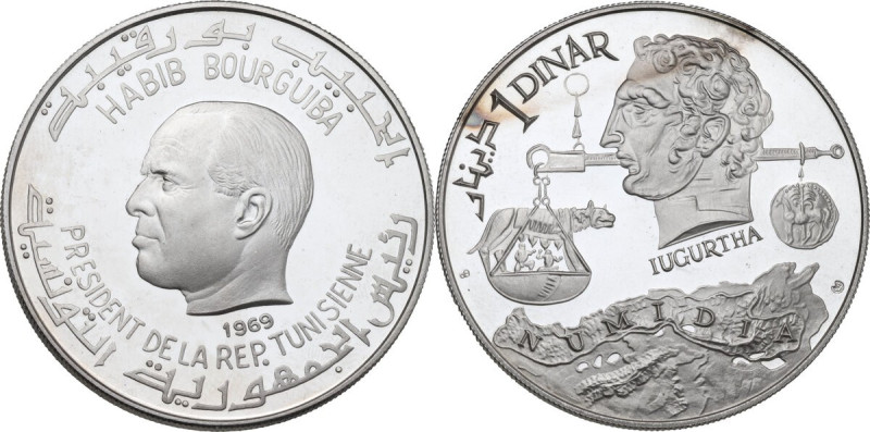 Tunisia. Republic (1957- ). Dinar 1969, Iugurtha. KM 294. AR. 20.28 g. 40.00 mm....