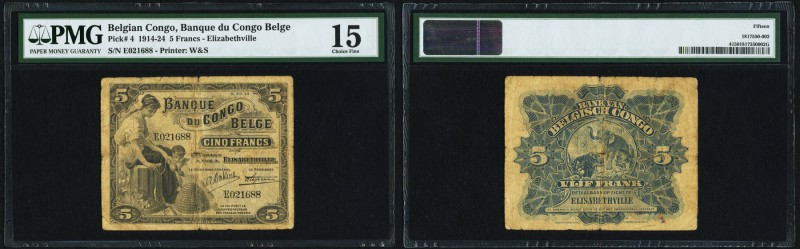 Belgian Congo Banque du Congo Belge 5 Francs 1914-24 Pick 4 PMG Choice Fine 15. ...