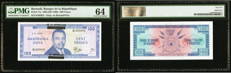 Burundi Banque de la Republique 100 Francs 1.5.1965 Pick 17a PMG Choice Uncircul...