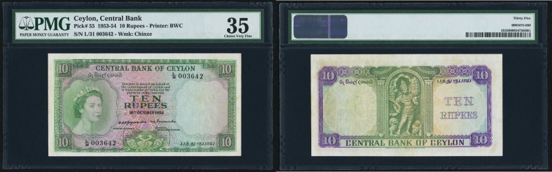 Ceylon Central Bank of Ceylon 10 Rupees 16.10.1954 Pick 55 PMG Choice Very Fine ...