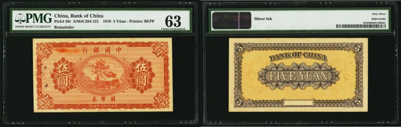 China Bank of China 5 Yuan 1919 Pick 59r Remainder PMG Choice Uncirculated 63. M...