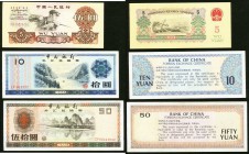 China Peoples Bank of China 5 Yuan 1960 Pick 876b Choice About Uncirculated; Foreign Exchange Certificate 10 Yuan 1979 Pick FX5; 50 Yuan 1988 Pick FX8...