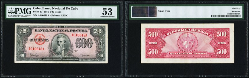 Cuba Banco Nacional de Cuba 500 Pesos 1950 Pick 83 PMG About Uncirculated 53. Sm...