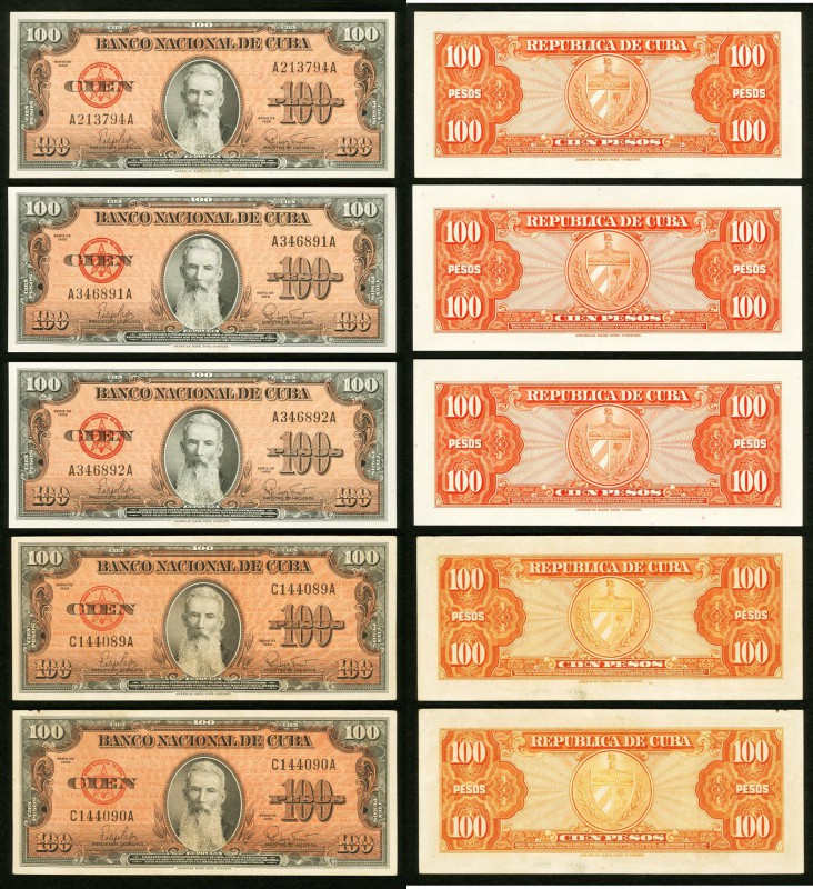 Cuba Banco Nacional de Cuba 100 Pesos 1959 Pick 93a, Five Examples Extremely Fin...