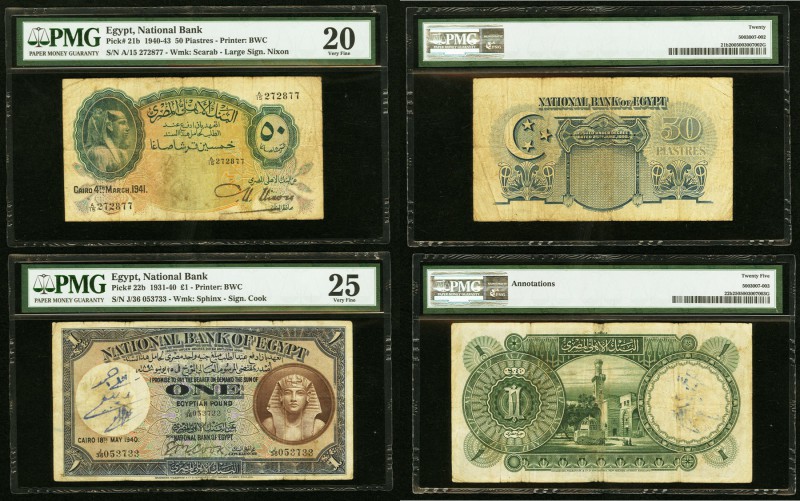 Egypt National Bank of Egypt 50 Piastres; 1 Pound 1940-43; 1931-40 Pick 21b; 22b...