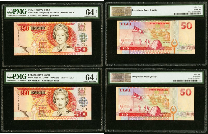 Fiji Reserve Bank of Fiji 50 Dollars ND (2002) Pick 108a Two Consecutive Example...