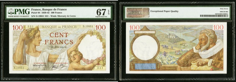 France Banque de France 100 Francs 13.3.1941 Pick 94 PMG Superb Gem Unc 67 EPQ. ...