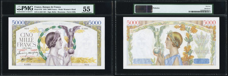France Banque de France 5000 Francs 18.3.1943 Pick 97d PMG About Uncirculated 55...