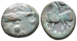 Celtic, Eastern Europe, c. 3rd century BC. Æ Tetradrachm (18mm, 6.85g). Kugelwange Type. Stylized head r. R/ Horse prancing l. Cf. Lanz 466. Good Fine...