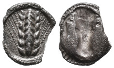 Southern Lucania, Metapontion, c. 470-440 BC. AR Triobol (12mm, 0.90g). Barley ear. R/ Incuse bucranium. Noe 275ff.; HNItaly 1487. Near VF