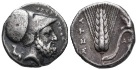 Southern Lucania, Metapontion, c. 340-330 BC. AR Stater (21mm, 7.87g). Ami-, magistrate. Helmeted head of Leukippos r.; to l., dog seated l. R/ Barley...