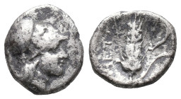 Southern Lucania, Metapontion, c. 325-275 BC. AR Diobol (9mm, 1.25g). Helmeted head of Athena r. R/ Grain ear with leaf to r.; cornucopia above leaf. ...