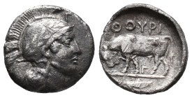 Southern Lucania, Thourioi, c. 443-400 BC. AR Triobol (10mm, 1.13g). Head of Athena r., wearing crested Attic helmet, decorated with wreath; Γ above v...