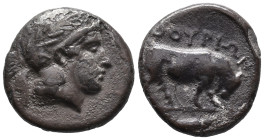Southern Lucania, Thourioi, c. 443-400 BC. AR Stater (20mm, 7.53g). Helmeted head of Athena r., helmet decorated with wreath. R/ Bull butting r.; fish...