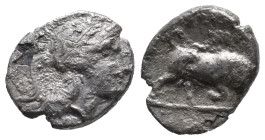 Southern Lucania, Thourioi, c. 443-400 BC. AR Triobol (10mm, 1.03g). Helmeted head of Athena r., helmet decorated with wreath. R/ Bull standing r. HNI...