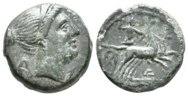 Bruttium, The Brettii, c. 211-208 BC. Æ Half Unit (15mm, 2.96g). Diademed and winged bust of Nike r. R/ Zeus driving biga r.; plow below. HNItaly 1997...
