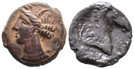 Carthaginian Domain, Sardinia, c. 300-264 BC. Æ (20mm, 9.77g). Wreathed head of Kore-Tanit l. R/ Head of horse r. CNP 251; Piras 1; SNG Copenhagen 149...