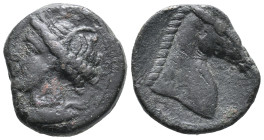 Carthaginian Domain, Sardinia, c. 300-264 BC. Æ (18mm, 5.46g). Wreathed head of Kore-Tanit l. R/ Head of horse r. CNP 251; Piras 1; SNG Copenhagen 149...