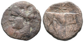 Carthaginian Domain, Sardinia, c. 216 BC. Æ (17mm, 3.56g). Wreathed head of Kore-Tanit l.; letter below chin. R/ Bull standing r.; star above; letter ...