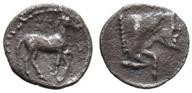 Sicily, Gela, c. 465-450 BC. AR Litra (12mm, 0.71g). Horse advancing r.; wreath above. R/ Forepart of man-headed bull r. HGC 2, 373. Near VF