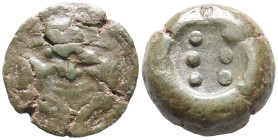 Sicily, Himera, c. 430-420 BC. Æ Hemilitron (28mm, 21.98g). Gorgoneion. R/ Six pellets. CNS I, 1; HGC 2, 463. Green patina, VF