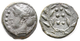 Sicily, Himera, c. 420-407 BC. Æ Hemilitron (13mm, 3.33g). Head of nymph l.; six pellets before. R/ Six pellets within wreath. CNS I, 35; SNG ANS 186;...