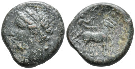 Sicily, Messana, 317-311 BC. Æ (23mm, 10.48g). Head of the nymph Messana l. R/ Biga of mules standing r., driven by Messana holding long palm and rein...