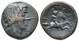 Sicily, Morgantina. The Hispani, late 2nd - early 1st century BC. Æ Unit (19mm, 6.50g). Male head r. R/ Warrior, holding spear, on horse advancing r. ...