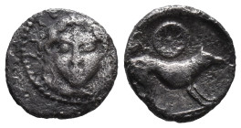 Sicily, Segesta, c. 455/0-445/0 BC. AR Litra (10mm, 0.64g). Facing head of the nymph Segesta. R/ Hound standing r.; wheel of four spokes above. Hurter...