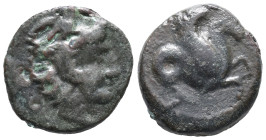 Sicily, Soloi (Kefra), c. 406-397 BC. Æ (17mm, 4.85g). Head of Herakles r., wearing lion's skin. R/ Hippocamp r. Campana 10a; CNS I, 1; SNG ANS 739; H...