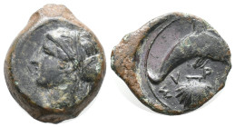 Sicily, Syracuse, c. 415-405 BC. Æ Hemilitron (13mm, 3.70g). Head of Arethusa l., hair bound in ampyx and sphendone; two leaves to r. R/ Dolphin swimm...