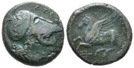 Sicily, Syracuse. Agathokles (317-289 BC). Æ (19mm, 6.79g), c. 305-295. Helmeted head of Athena r.; griffin on helmet. R/ Pegasos flying l.; trident h...