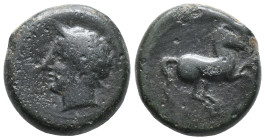 Sicily, Carthaginian Domain, c. 375-350 BC. Æ (17mm, 8.12g). Wreathed head of Tanit l. R/ Horse prancing r. CNP 126; MAA 15a; SNG Copenhagen 97; CNS I...