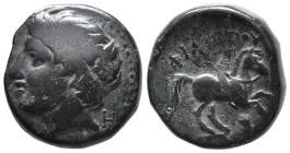 Kings of Macedon, Philip II (359-336 BC). Æ Unit (17mm, 6.45g). Uncertain Macedonian mint. Diademed head of Apollo l.; H behind. R/ Youth on horseback...