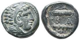 Kings of Macedon, Alexander III 'the Great' (336-323 BC). Æ Unit (18mm, 6.76g). Uncertain mint in Macedon. Head of Herakles r., wearing lion skin. R/ ...