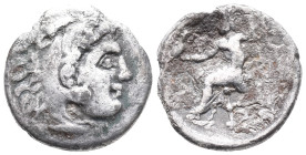 Kings of Macedon, Alexander III 'the Great' (336-323 BC). AR Drachm (18mm, 3.63g). Uncertain mint. Head of Herakles r., wearing lion skin. R/ Zeus Aët...