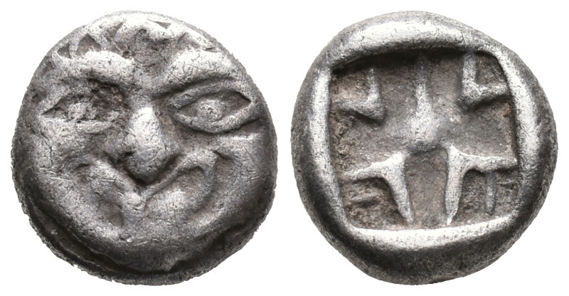 Mysia, Parion, 5th century BC. AR Drachm (12mm, 2.54g). Gorgoneion. R/ Linear pa...