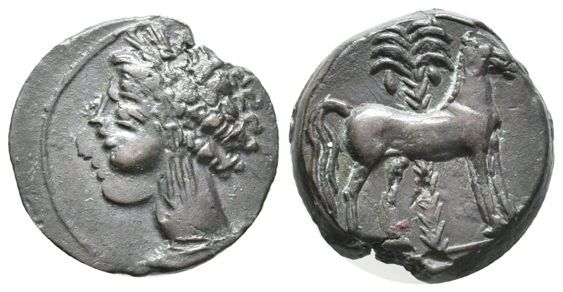 Carthage, c. 400-350 BC. Æ (14mm, 3.34g). Wreathed head of Tanit l. R/ Horse sta...