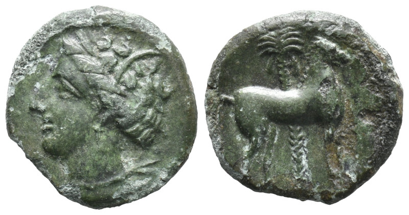 Carthage, c. 400-350 BC. Æ (16mm, 2.50g). Wreathed head of Tanit l. R/ Horse sta...