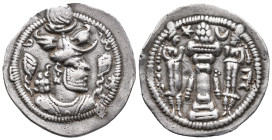Sasanian Kings, Peroz I (457/9-484). AR Drachm (25mm, 3.80g). AW (Ahwaz).Crowned bust r. R/ Fire altar flanked by attendants; star and crescent flanki...