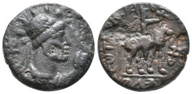 India, Kushan Empire. Time of Kujula Kadphises - Vima Takto (c. AD 80-113). Æ Didrachm (28mm, 15.13g). Diademed bust r.; holding sceptre; to l., tamgh...