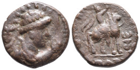 India, Kushan Empire. Time of Kujula Kadphises - Vima Takto (c. AD 80-113). Æ Didrachm (20mm, 8.10g). Diademed bust r.; holding sceptre; to l., tamgha...