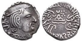 India, Western Satraps. Rudrasena (c. AD 199-222). AR Drachm (14mm, 2.02g). Head r., wearing cap. R/ Three-arched hill or Chaitya, with river, crescen...
