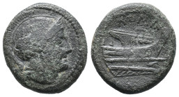 Anonymous, Rome, c. 217-215 BC. Æ Quartuncia (15mm, 2.66g). Helmeted head of Roma r. R/ Prow of galley r. Crawford 38/8; RBW 103. Good Fine