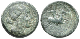 Anonymous, Rome, 217-215 BC. Æ Semuncia (18mm, 5.50g). Draped female bust r., wearing mural crown. R/ Horseman r. on galloping horse, holding whip. Cr...