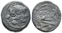 Anonymous, Rome, c. 215-212 BC. Æ Uncia (22mm, 9.00g). Helmeted head of Roma r. R/ Prow of galley r. Crawford 41/10; RBW 135. Green patina, Good Fine